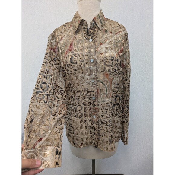 Vintage Graff Sheer Animal Print Gold Thread Square Blouse Top sz M Retro Boho - Picture 2 of 11
